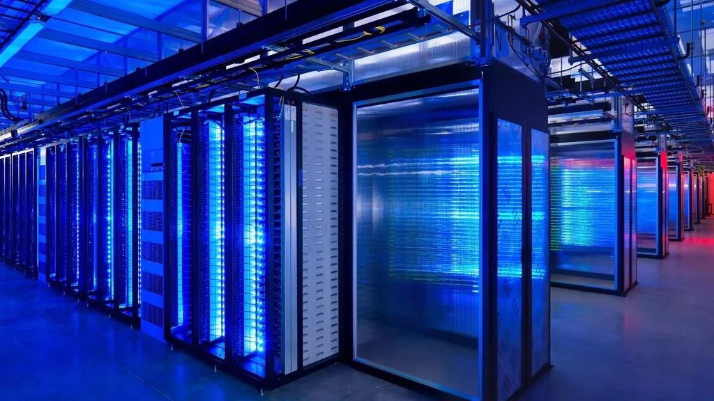 Corredor de servidores iluminados em azul num data center