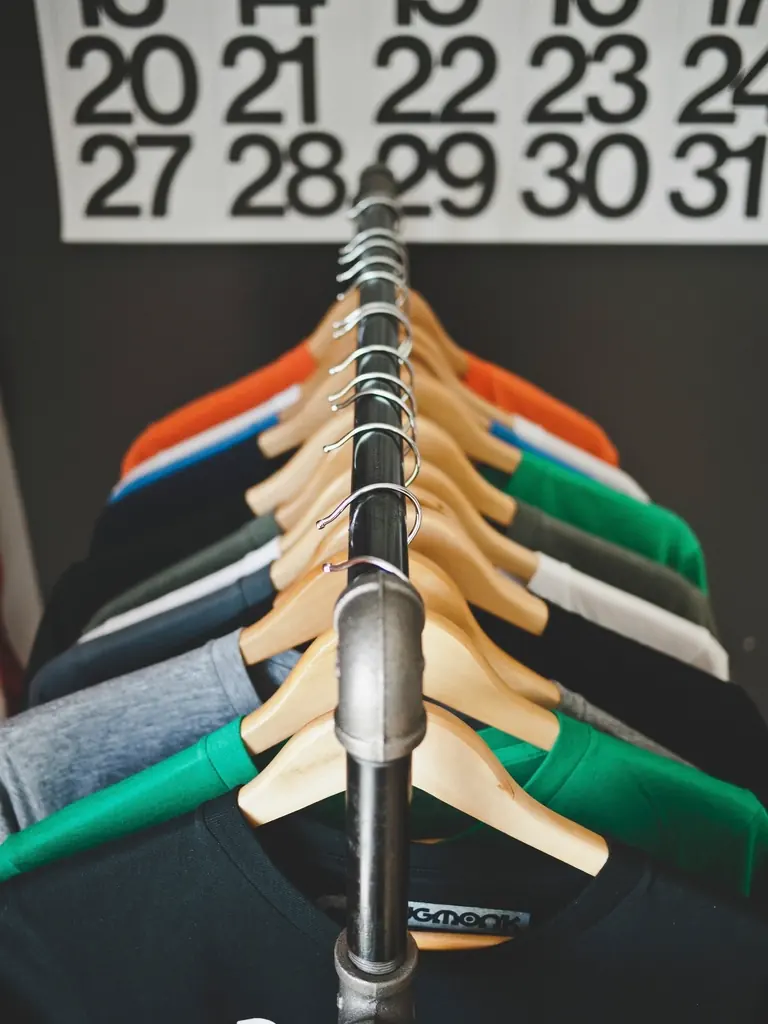 Arara com camisetas coloridas penduradas em cabides numa loja